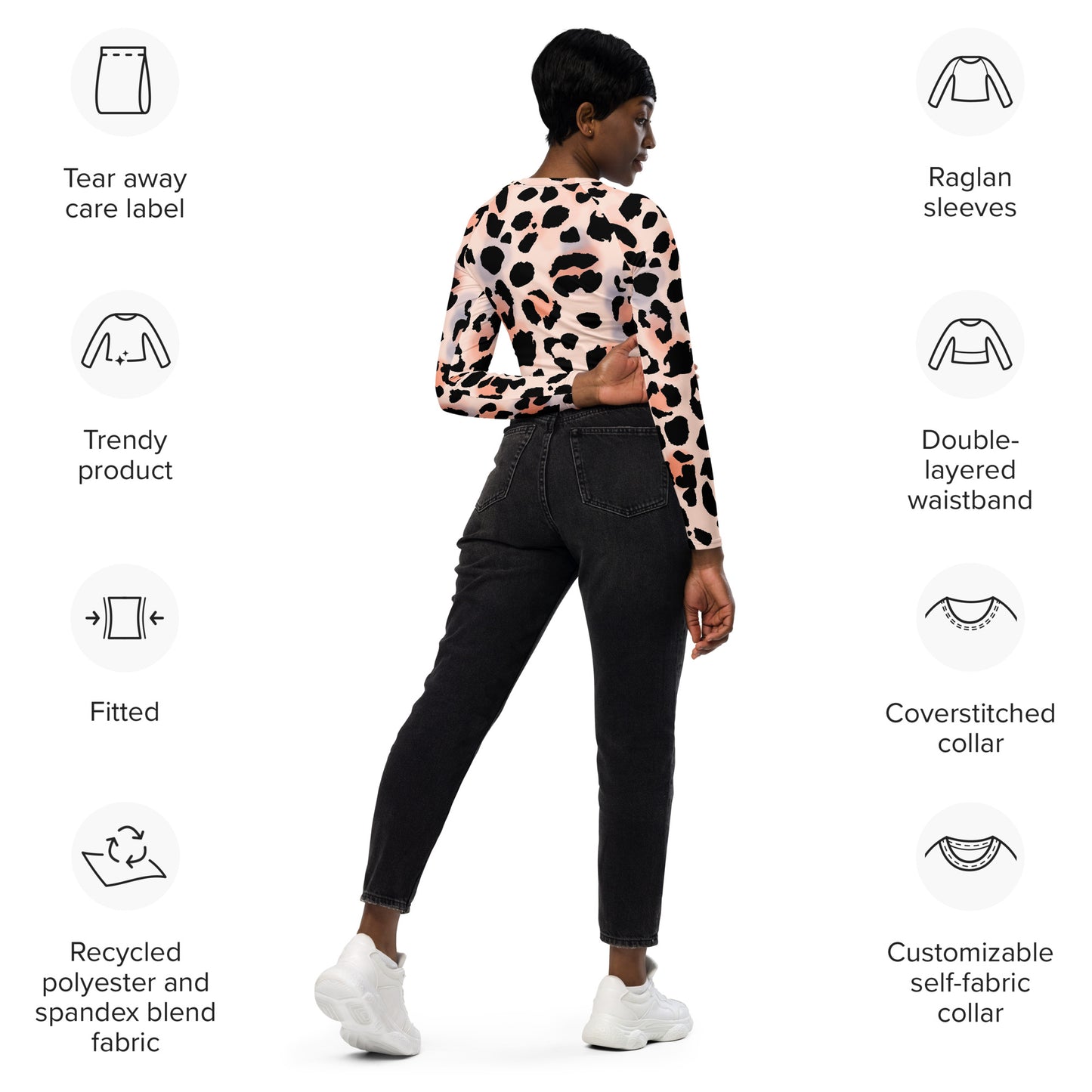 Regular 2XS-XL & Plus Size 2XL-6XL Recycled long-sleeve crop top Pink/Black Leopard Print
