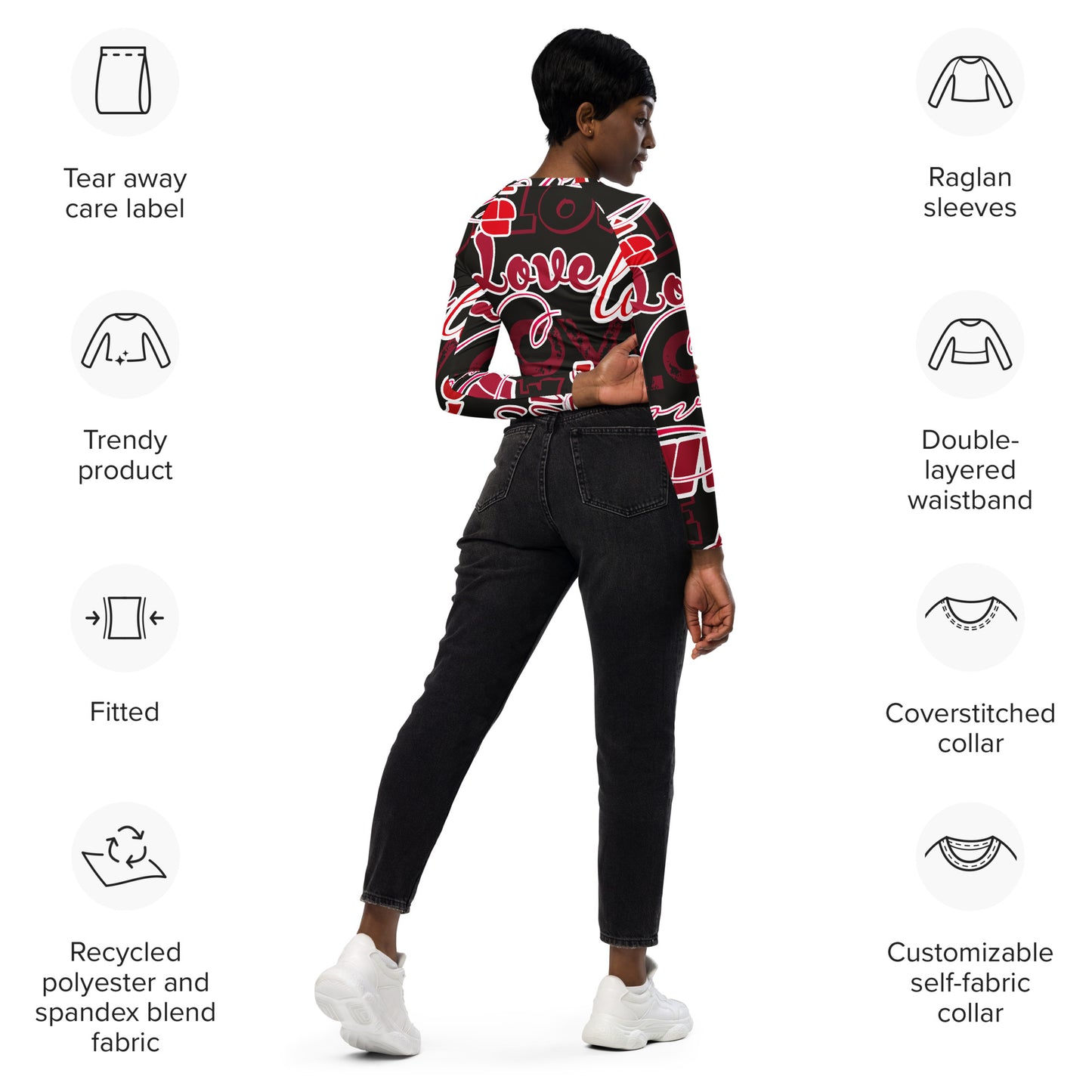 Regular 2XS-XL & Plus Size 2XL-6XL Recycled long-sleeve Love Multi Black/White/Red crop top Color