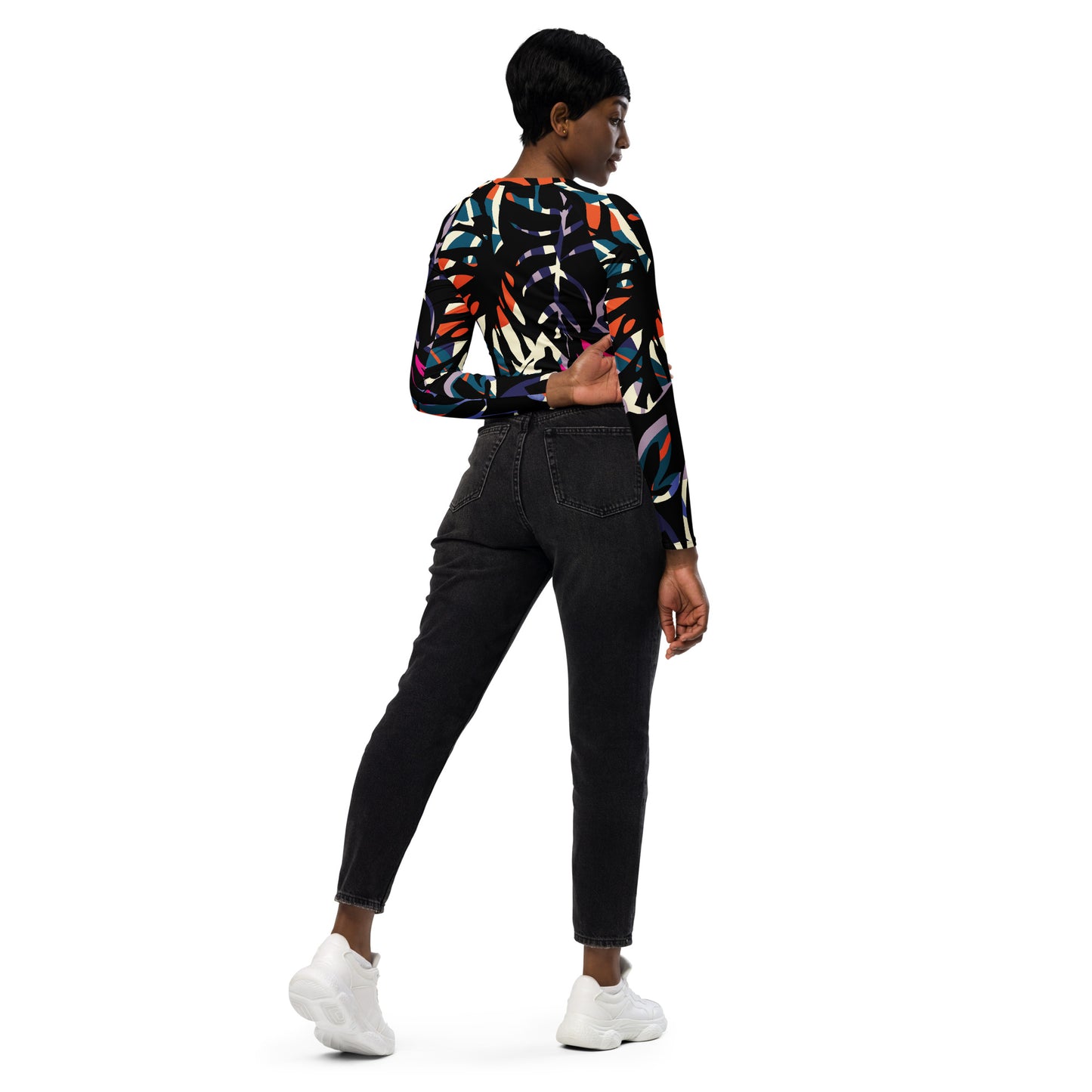 Regular 2XS-XL & Plus Size 2XL-6XL Recycled long-sleeve crop top Black Multi Color