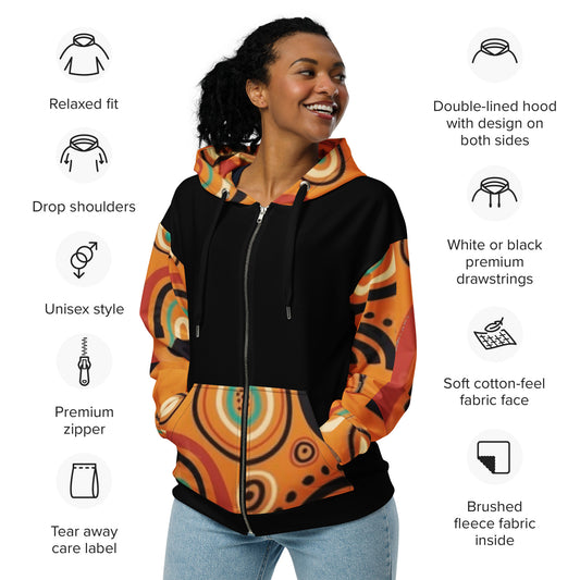 African Print, Colors Black/ Orange Print Unisex zip hoodie